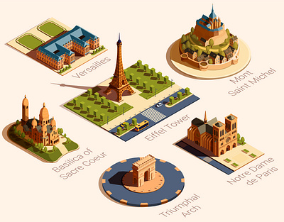 Isometric French landmarks concept illustration vector