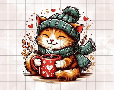 A cozy cat holding a mug of coffee 3d animation branding graphic design logo motion graphics ui
