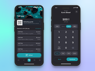 Mobile app for payment at the gas station, fuel calculator app calculator dark theme design fuel gas station interface mobile qr refill refuel ui ux ux design