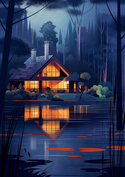 Lake House architecture art design digital dream house evening forest graphic design home house illustration illustrator lake nature night outdoor procreate vector