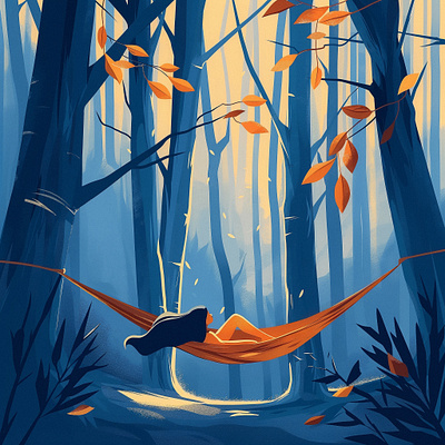 Retreat in the forest art calm camping design digital art enjoy forest girl graphic design hammock illustration illustrator national park nature outdoor procreate relax retreat summer vector