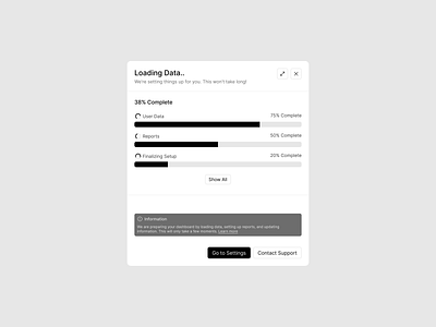 Loading data modal branding buttons close complete cta design exploration expand figma information loading data loading modal procent product design progress bar show more states ui ux web web design