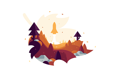 An autumn themed landscape with a rocket, simplified. autumn clean figma graphic design illustration landscape perfect rocket simplistic