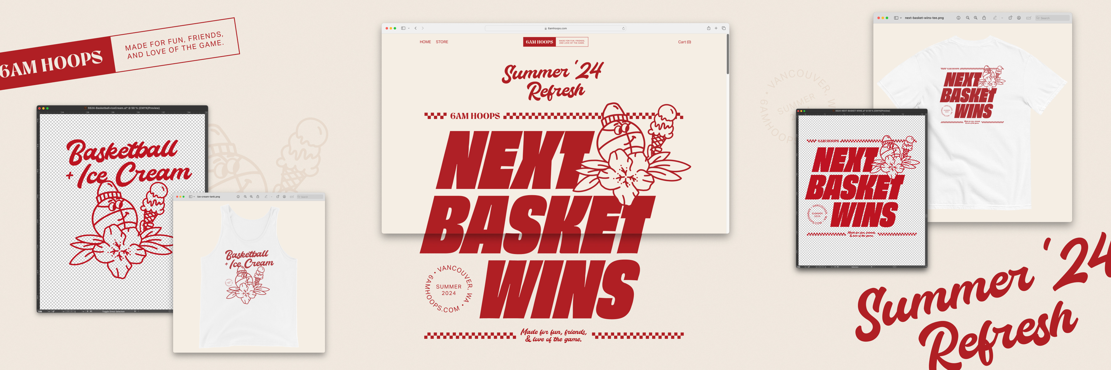 Summer Refresh apparel design basketball branding hoops ice cream identity mascot merch red summer web desin