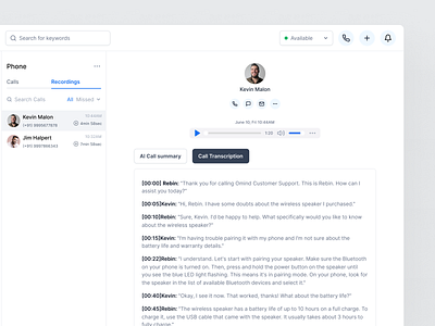 Call management app - Call transcription feature agent call center call management clean minimal ui