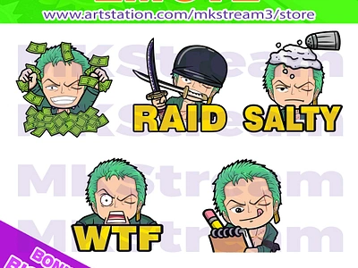 Emotes one piece chibi zoro rich, raid, salty, wtf & note pack animated emotes anime cute design emotes illustration money emotes note one piece one piece emotes pirates raid rich emotes roronoa zoro salty samurai sub badge wtf zoro zoro emotes