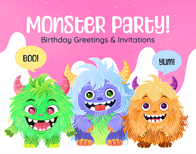 MONSTER PARTY: Greeting Cards & Invitations adobe illustrator art birthday card cartoon children design graphic design happy illustration invitation kids monster monsters party