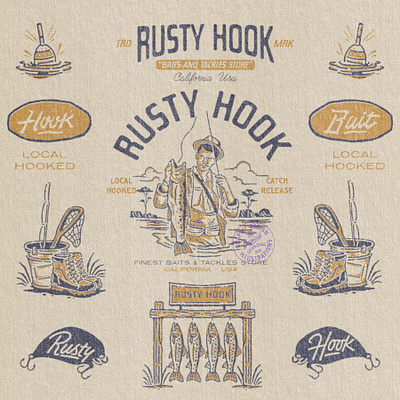 Rusty Hook Branding Logo badge brand branding creative designer designinspiration dribbble fishing graphic graphic design illustration illustrator logo logo designer photoshop sketch tshirt typography vector vintage vintage logo