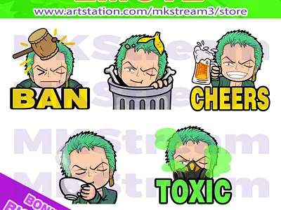 Emotes one piece chibi zoro ban hammer, trash, cheers, sip & tox animated emotes anime ban hammer cheers emotes cute design emotes illustration luffy one piece one piece emotes roronoa zoro sip emotes sub badge toxic emotes trash emotes twitch emotes zoro zoro emotes