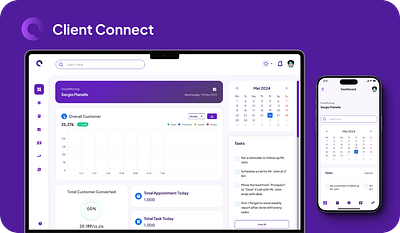 Client Connect - Customer Relationship Management Dashboard calendar crm customer relationship management dark mode dashboard design mock up prototype task ui web app web design widget