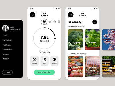Mobile App for Compost Bin horizontal scroll iot minimalistic sidebar ui