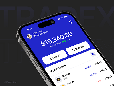 Tradex - Crypto Mobile App bank bitcoin crypto currency crypto dashboard crypto wallet crypto web app finance finance dashboard interface design investment app mobile app trade trading app ui uiux wep app