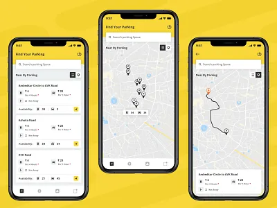 Smart Parking flat ui map mobile app mobile ui parking smart parking uiux design yellow yellow theme