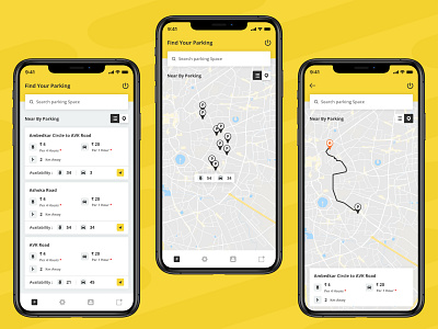Smart Parking flat ui map mobile app mobile ui parking smart parking uiux design yellow yellow theme