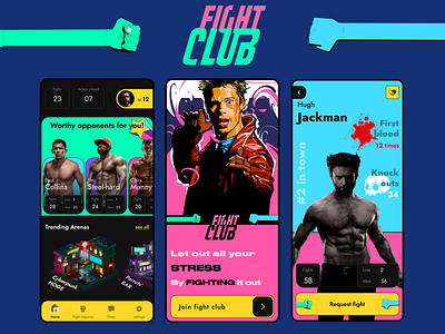 Fight Club - A Street fight booking Concept app booking brad pitt branding card design color dashboard fight fight club fighter details graphic design home page icons layout moble nav bar onboarding ui