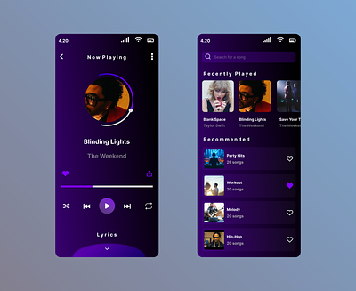 Sample screens of Music App app design graphic design typography ui ux