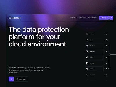 Teleskope.ai animated background animation code dark data protections dev gradient hero landing sas startup teleskope typography ui ux webdesign