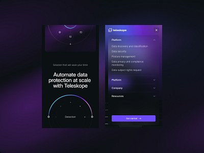 Teleskope.ai - Mobile black branding chart clean data protection design dev gradient graphic design icons illustration landing menu mobile modern sas startup typography ui ux