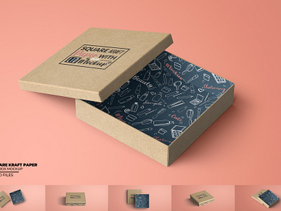 Square Kraft Paper Gift Box Mockup 3d box mockup branding illustration kraft paper mockup
