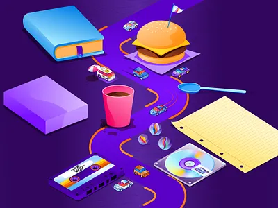 MicroWh33lz I roadmap background 90s burger cars coffee illustration illustrator marbles miguelcm retro road scene vehicles