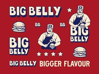 Big Belly - Brand identity For Burger Dark Kitchen america brand design brand identity branding burger dark kitchen graphic design illustration logo logotype mascot nostalgic restaurant typography vintage