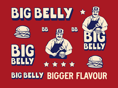 Big Belly - Brand identity For Burger Dark Kitchen america brand design brand identity branding burger dark kitchen graphic design illustration logo logotype mascot nostalgic restaurant typography vintage