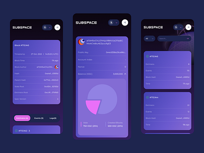 Subspace Network - Blocks, Block Details & Account account app design block details block explorer blockchain blocks crypto cryptocurrency responsive ui ui design ux ux design web 3.0 web app