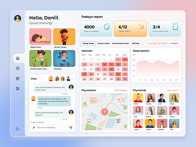 Kids self-development dashboard activity calendar child children dashboard education environment figma friends kids screen time sleep time statistics ui ux web design