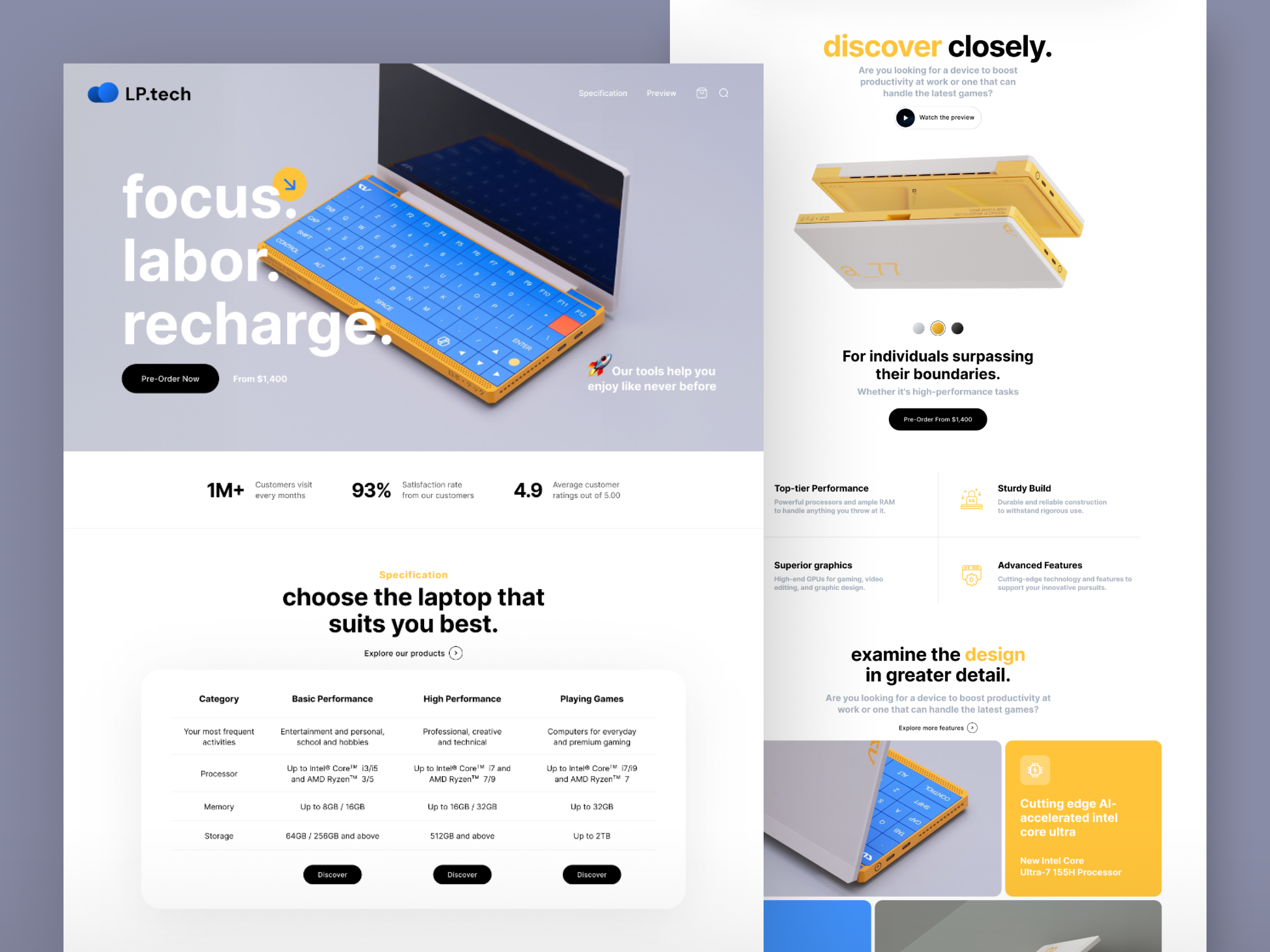 Landing Page. Laptop animation apple big fonts branding cards design clean design ios iphone landing page laptop light mode macbook material design minimalism motion graphics phisical product product page ui ux yellow blue