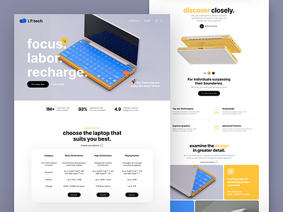 Landing Page. Laptop animation apple big fonts branding cards design clean design ios iphone landing page laptop light mode macbook material design minimalism motion graphics phisical product product page ui ux yellow blue