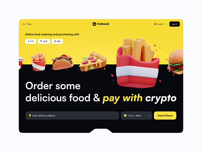 Food order and delivery with crypto crypto wallet delivery fastfood food food crypto food order foodtech homepage landing page payment technology user interface ux web design web platform website design