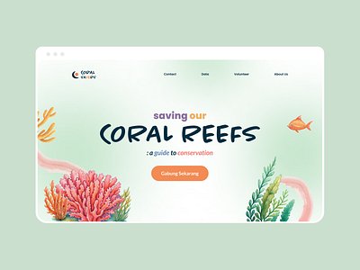 Coral Reefs Landing Page Design ai community coral coral reefs cute desktop enviromental fish handdrawn landing page modern ocean conservation pastel seaweed volunteer web web design