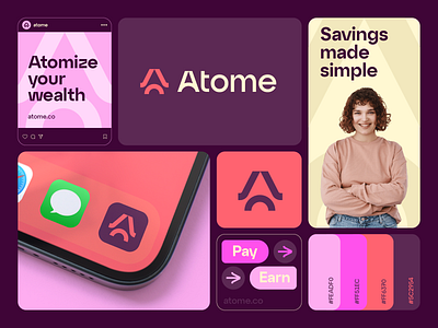 Atome Branding abstract ai app atom bold brand identity branding corporate fast finance fintech icon letter a logo particle payment saas startup wallet web3