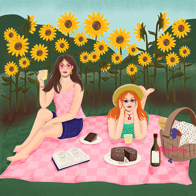 Picnic and Flowers character design design digital drawing drawing challenge female illustrator friends hand drawn illustration picnic procreate summer day sunflowers wine and cake