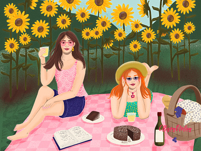 Picnic and Flowers character design design digital drawing drawing challenge female illustrator friends hand drawn illustration picnic procreate summer day sunflowers wine and cake