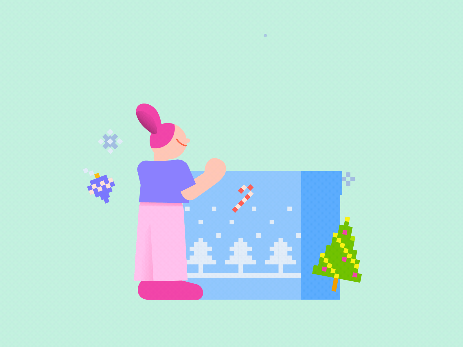 Young woman opens a box of Christmas decorations 2d after effects animation celebration character confetti fake 3d gift happy illustration joy jumping motion graphics pixel art playful present rig in rubberhose snow unboxing winter holidays