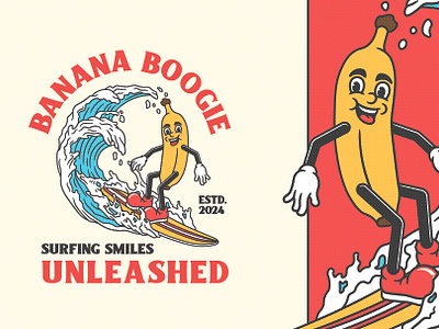 Banana Surfer banana beach brand brand identity branding cartoon character classic design graphic design illustration logo mascot retro surfing vector vintage