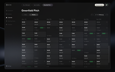 Booking calendar - Facility dashboard booking business hours dashboard desktop slot management uiux