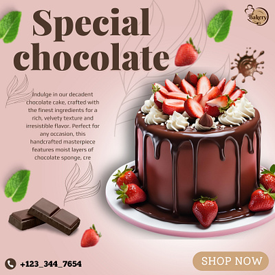 Delicious sweet chocolate cake, strawberry branding graphic design