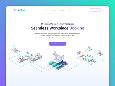 Book a Workplace Landing 3d blender booking car catering coffee conference design employee illustration landing laptop meeting network office place schedule ui work