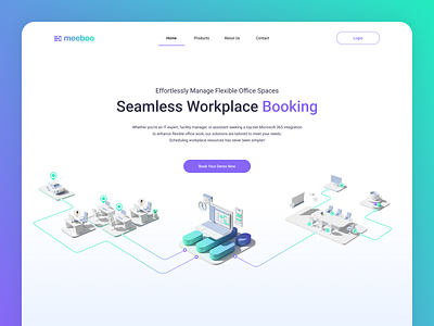 Book a Workplace Landing 3d blender booking car catering coffee conference design employee illustration landing laptop meeting network office place schedule ui work