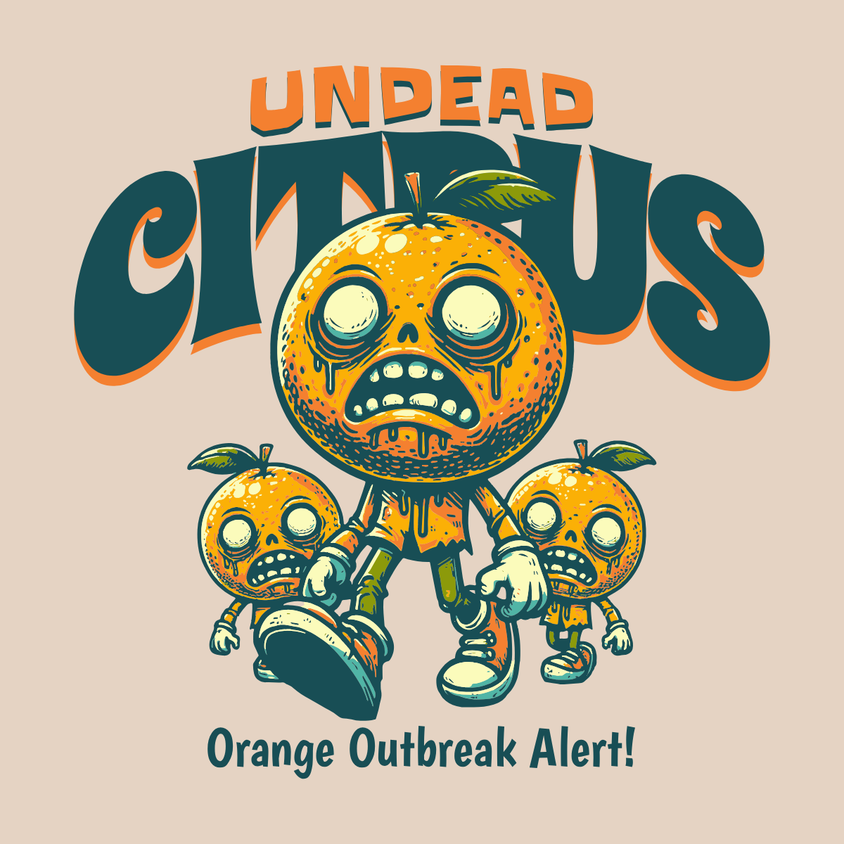 Undead Citrus adorable cartoon citrus cute design funny kittl orange pop culture print on demand printondemand t shirt t shirt design tshirtdesign undead zombie