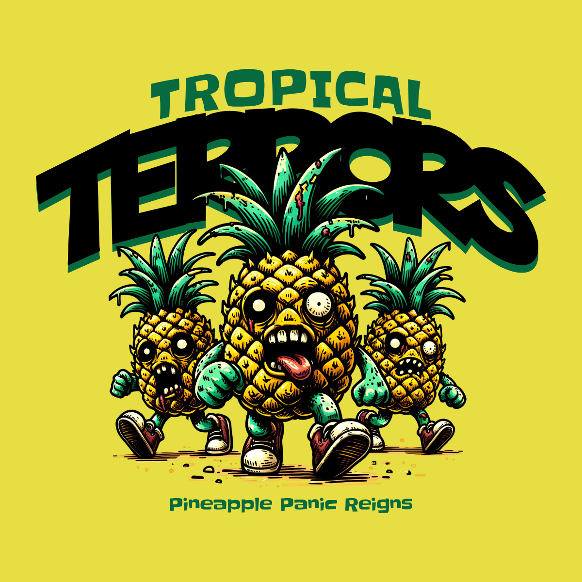 Tropical Terrors adorable cartoon cute design funny kittl pineapple pop culture print on demand printondemand t shirt t shirt design tshirtdesign undead zombie