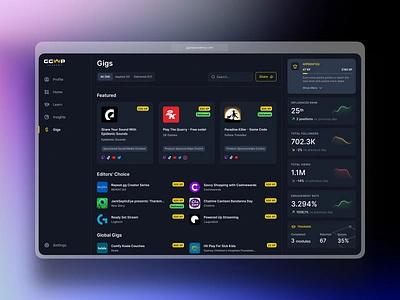 Gaming Influencer Gig Dashboard clean dashboard design flat gaming gig marketplace minimal platform productdesign saas shadcn tailwind ui ux