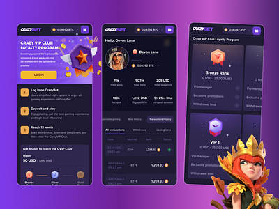 CrazyBet - Online Casino | Mobile Version betting blockchain casino casino games casino vip crypto crypto casino gambling game gaming igaming illustration mobile casino online casino profile promotions user vip