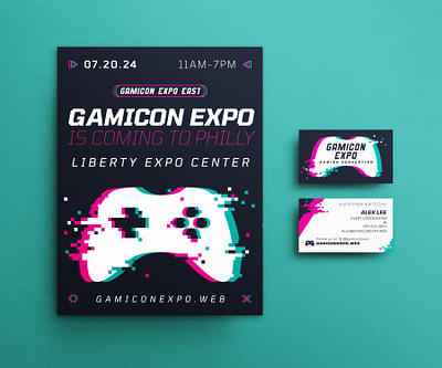 Glitched Gaming Brand Identity Set business card controller flyer gaming gaming expo glitched graphic design marketing pixel pixelated video games