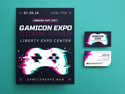 Glitched Gaming Brand Identity Set business card controller flyer gaming gaming expo glitched graphic design marketing pixel pixelated video games