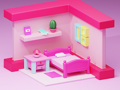 Low poly Barbie bedroom blender environment isometric low poly