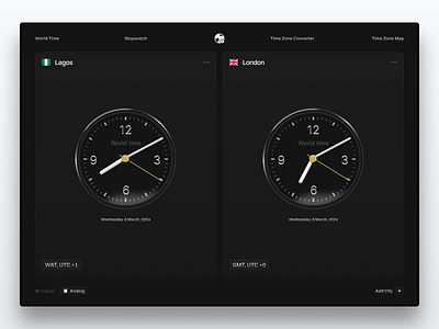 World Time analog clock design digital explore figma stopwatch time zones timer ui ux world time