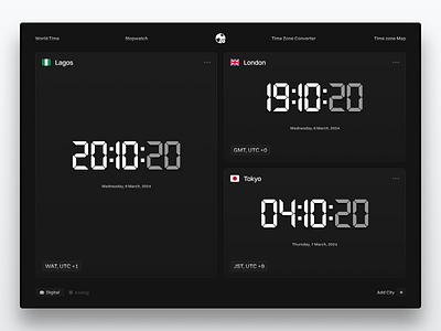 World Time cities clock dark mode design digital explore figma stopwatch time zone timer ui ux web design world time